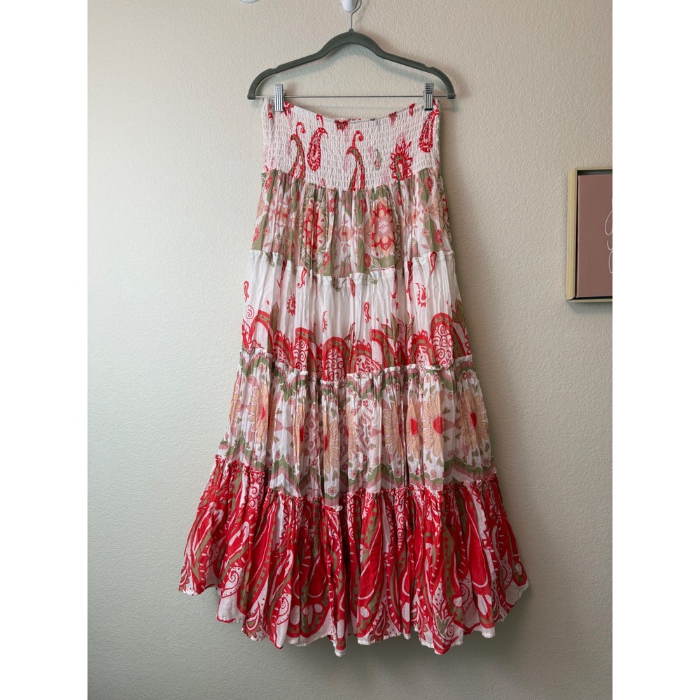 Free People Red Paisley Floral Tiered Maxi Skirt Smocked Cotton Boho Size - Picture 4 of 10